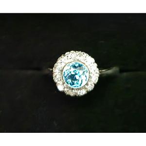 Art Deco Ring In 18ct White Gold, Set With A Blue Zircon And Diamonds 