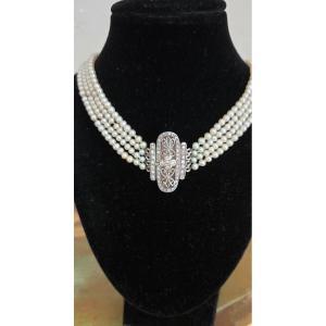 Art Deco/belle époque Necklace In Silver Gilt And Fine Pearls