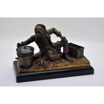 Monkey Anthropomorphic Bronze Inkwell Antique Brown