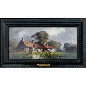 Table XIX Landscape Animated Scene Oil On Canvas By Charles Euphrasie Kuwasseg
