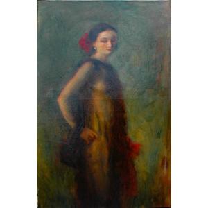 Lucien Mignon 1865-1944 Painting Portrait Of Woman