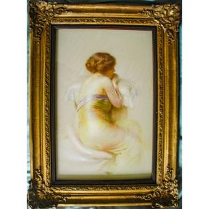 Painting XIX Pastel Under Glass Woman Signed Gaston Bouy