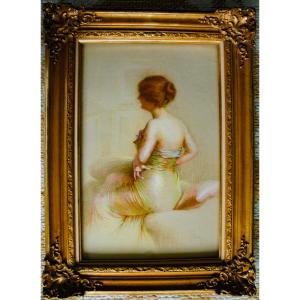 Painting XIX Pastel Under Glass Woman Signed Gaston Bouy