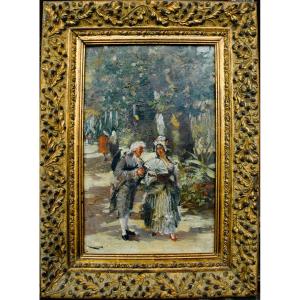 Painting Late 19th Century Hsp Walkers In The Park 