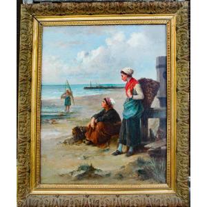 Painting XIX Hst The Breton Mussel Fisherwomen Signed