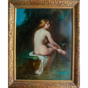 19th Century Painting, Oil On Canvas, Nude Woman Bather, Signed Louis Gaillac