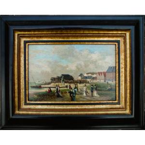 Late 19th Century Painting On Oil On Canvas, Lively Scene Of Honfleur Beach, Signed.