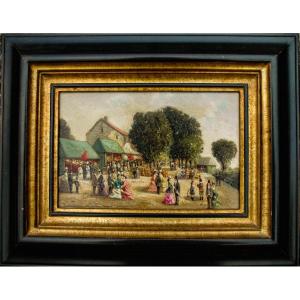 Late 19th Century Painting On Oil On Panel, Lively Scene At A Fairground In Honfleur, Signed.