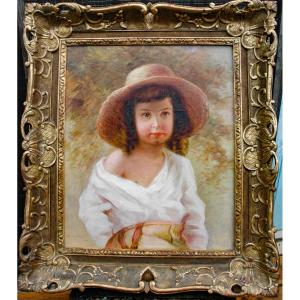 19th Century Oil Painting, Portrait Of A Young Girl, Signed Georges Mouton 