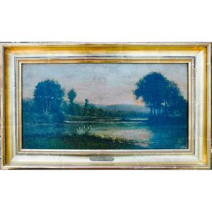 19th-century Oil Painting On Canvas, Landscape, The Duck Pond, Signed Karl Daubigny