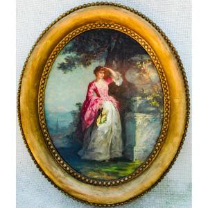 Tableau XIX Huile Sur Carton Fort Scène De Genre Femme Dans Un Parc Signed Emilie Leleux