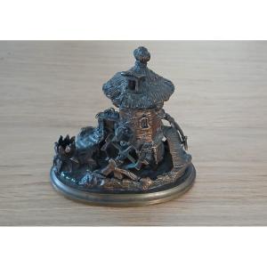 19th Century Bronze Inkwell And Pyrogen - Mill And Paddle Wheel