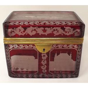 Red Bohemian Crystal Box Views Of Ems 19th Century