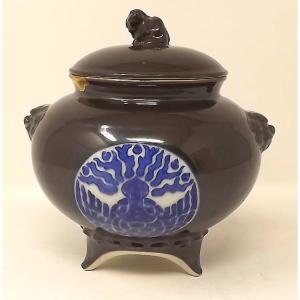 Covered Porcelain Pot Tripod Japan 19th Century Brown Phoenix Blue Kintsugi