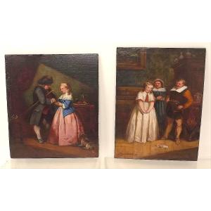 Two Genre Scenes Oil Paintings On Panel Signed Martin Domicent