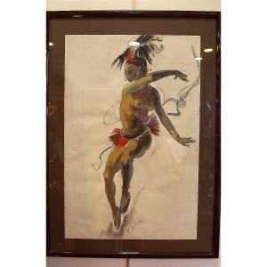 African Nude Dancer Gouache And Pastel By Guy Huzé Circa 1950