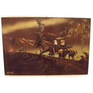 Vietnamese Lacquer Panel Depicting Peasants With Oxcarts By Thai Quang Duong