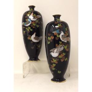 Pair Of Japanese Cloisonné Vases From The Meiji Period, Depicting Birds On Branches