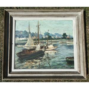 Gaston Laborde Sailboats In The Port Of Trouville Normandy Oil On Panel 1930