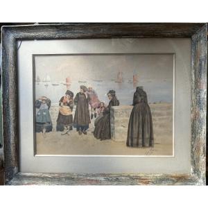 French School Circa 1920. Children And Wives Of Sailors On The Quayside, île De Sein, Brittany 