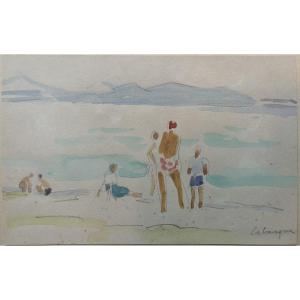 Henri Lebasque Lively Beach Mediterranean Coast Watercolor 1920 Cannes Saint Tropez
