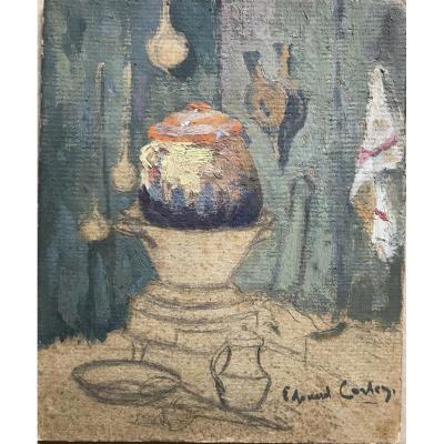 Edouard Cortes « pot On A Cauldron », Tempera And Pencil  / Still Life 