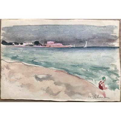 Henri Lebasque « young Woman In Red Swimsuit On The Beach » Watercolor / See, Landscape