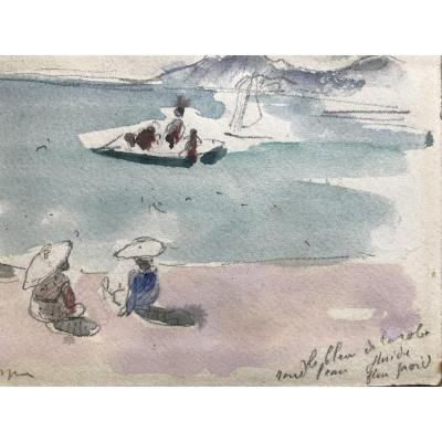 Henri Lebasque « busy Beach On French Riviera », Watercolor