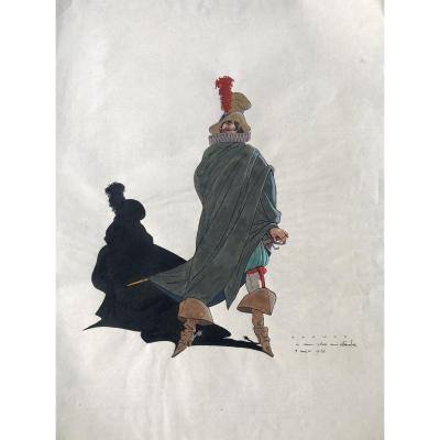 René Ranson « cyrano De Bergerac », Ink And Watercolor, Dedicated To Charles Leandre / Theater