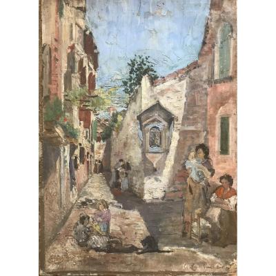 Spanish School Attributed To Francisco Pradilla Y Ortiz « venice Street, 1872 », Oil / Italia