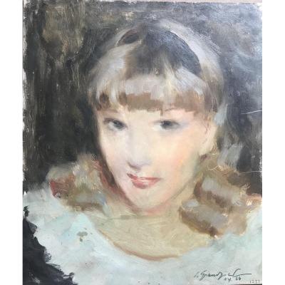 Lucien Henri Grandgerard (1880-1970) Portrait Of Young Girl New York 1944 Oil Grandgérard