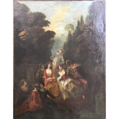 Follower Of Lancret "the Italian Comedians Near The Fountain" - Oil On Canvas - Gallant Scene