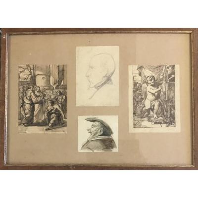 Jean-michel Mercier - Studies - 4 Framed Drawings: Portraits, Bilbique Scene, Putto / Angers
