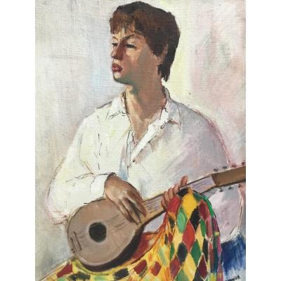 Eugène Gasnier - Oil On Canvas - Portrait Of Boy - Young Man Musician With Guitar - 40’s