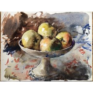 Eduardo Leon Garrido Still Life With Apples Watercolor Spanish School