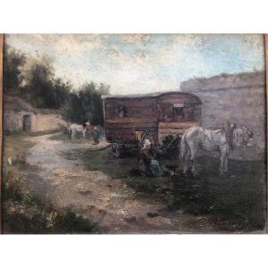 Valentin Émile Berthelemy The Caravan Of Gypsies Oil Normandy Bernières Sur Mer Courseulles