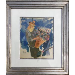 Sacha Zaliouk "portrait Of Woman With A Basket Of Flowers" Gouache - School Of Paris / Ukraine