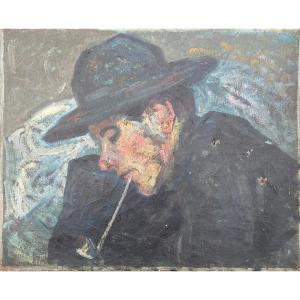 French School Circa 1900 Artist Portrait Or Self-portrait With Pipe Oil 1903