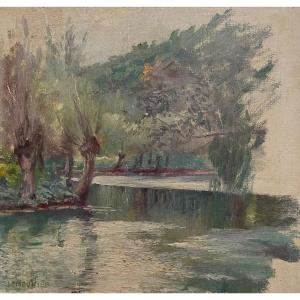 Basile Lemeunier Riverside Oil On Canvas Normandy Villecresnes 1900