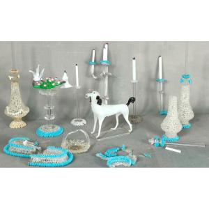 Spun Glass Nevers 18th Century Birds Candlesticks Dog..reliquary Diorama Cell 18th