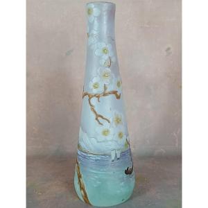 Acid-etched Glass Paste From Japan, Vase Signed Clain And Perrier
