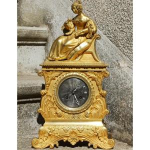 Gilded Bronze Clock Decorated With A Young Girl With A Rose