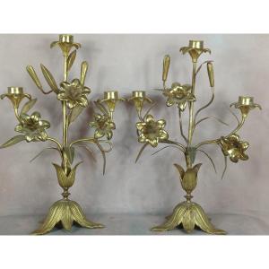 Pair Of Church Candlesticks, Gilt Bronze Candelabras