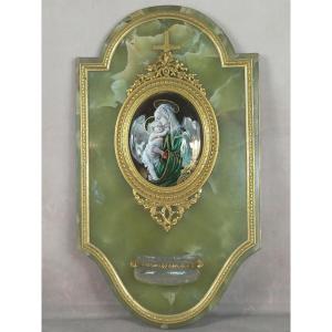 Large Holy Water Font, Green Onyx And Gilded Bronze, Limoges Enamel