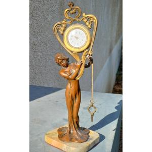 Art Nouveau Table Clock Pendulum Bronze Woman Watch Holder