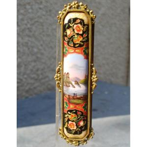 Belt Buckle, Enameled Brooch, English Landscape