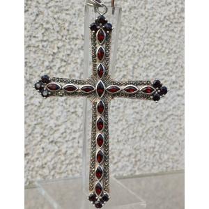 Solid Silver Pectoral Cross With Garnets
