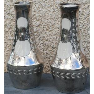 Pair Of Art Nouveau Porcelain Vases With Solid Silver Mounts