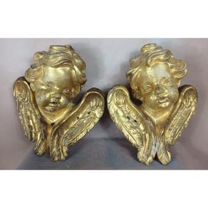 Pair Of Gilded Wood Angel Heads, Putti, Cherub, 18th Century 