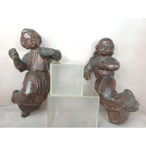 Pair Of Angels In Carved Wood